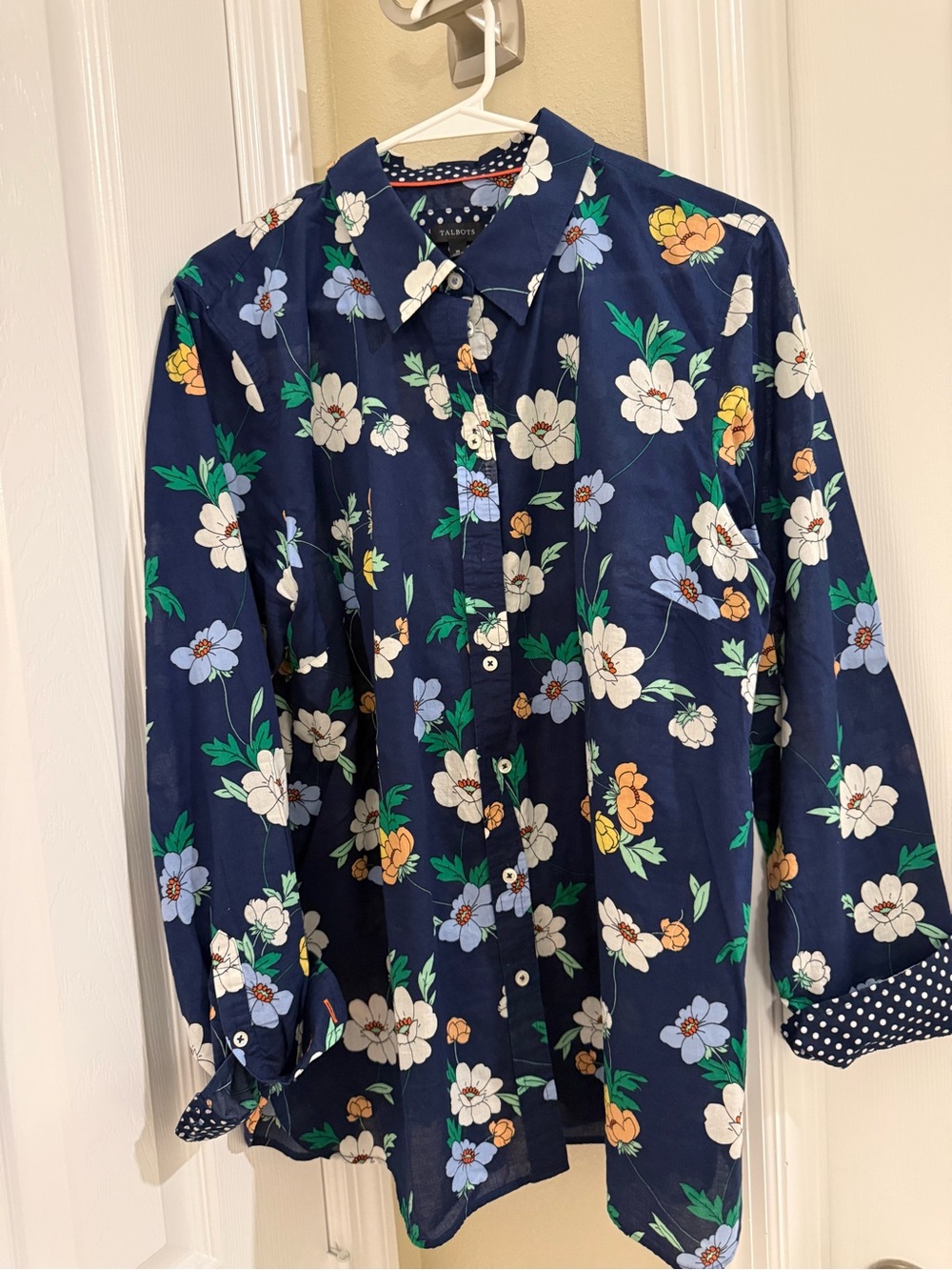 Talbots Navy Floral Button-Down Shirt with White, Light Blue & Yellow Flowers